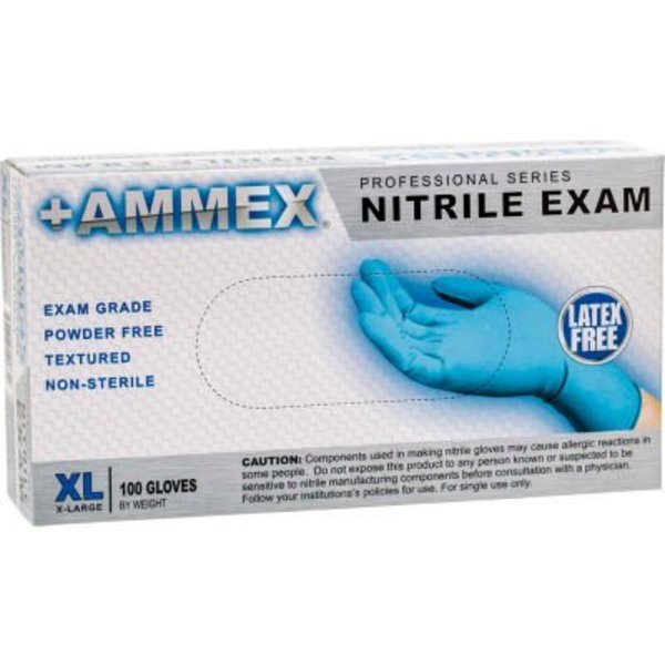 Ammex AMMEX Pro, Nitrile Exam Gloves, 3 mil Palm , Nitrile, Powder-Free, XL, 100 PK, Blue APFN48100